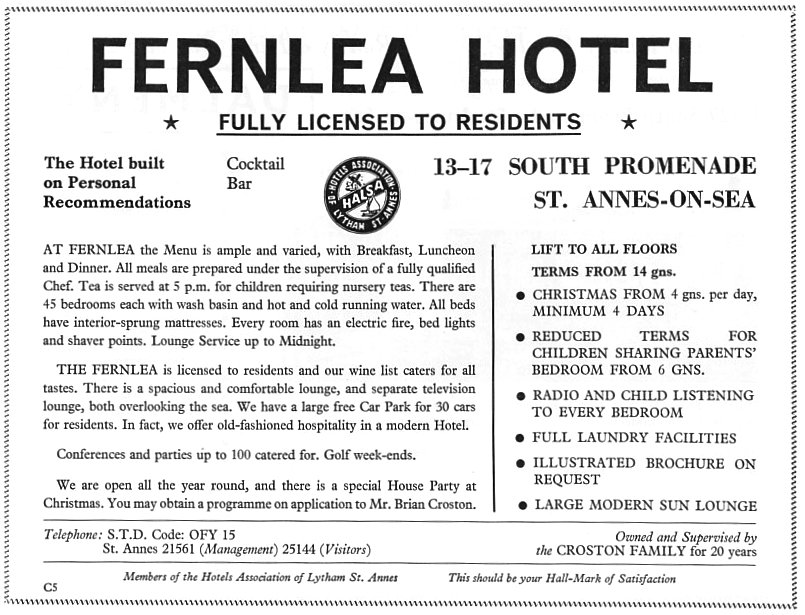 Advert for the Fernlea Hotel, St.Annes, 1965