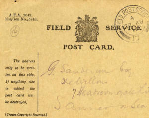 A field service postcard sent by "Frank" to George Sanderson, "The Willows" 7 Headroomgate Road, St. Annes informing him that he had received his parcel. George Sanderson was the headmaster of Heyhouses School.