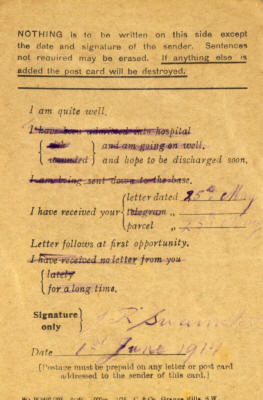 A field service postcard sent to Mrs John J Swainston of 69 Clifton Street (renamed Curzon Road in 1922), St. Annes. He informs her that he had received her letter and parcel.