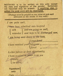 A field service postcard sent by "Frank" to George Sanderson, "The Willows" 7 Headroomgate Road, St. Annes informing him that he had received his parcel. George Sanderson was the headmaster of Heyhouses School.