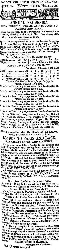 Newspaper advert for a L.N.W.R. Excursion from Preston, Wigan & Bolton to London in May,1850. Also an excursion from London to Paris. France with the South Eastern & Dover Railway Company.