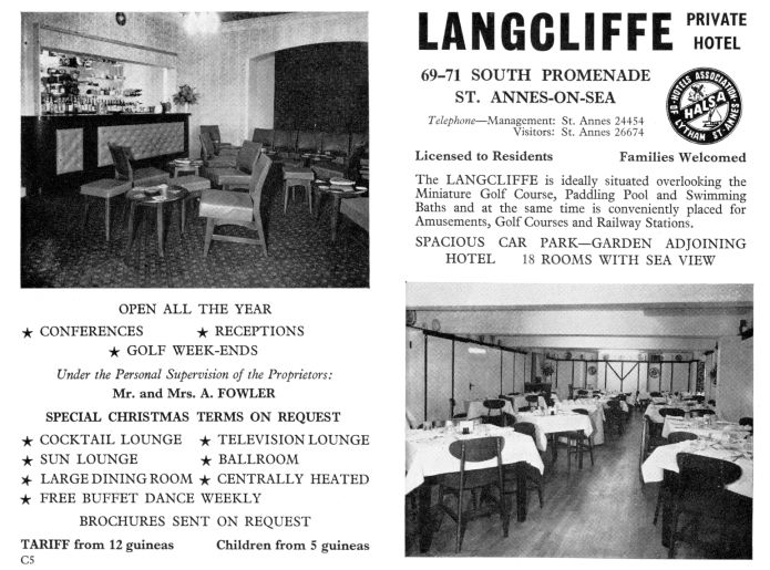 Advert for the Langcliffe Hotel, South Promenade, St.Annes-on-the-Sea, from 1967.