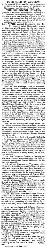 Advert for the sale of land and farms in Layton, Weeton, Fairsnape, April, 1812.