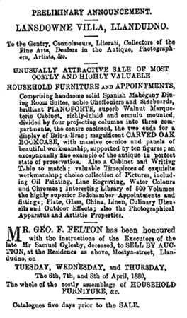 Sale of the estate of Samuel Oglesby, Llandudno, 1880.