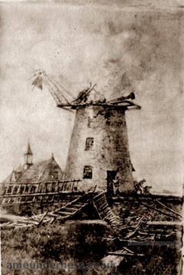 Painting by lytham artist Walter Eastwood of the smouldering windmill on the morning of 2 January 1919.