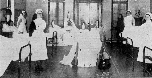 A festive decorative scene in the female ward of Lytham Hospital, Christmas 1935.