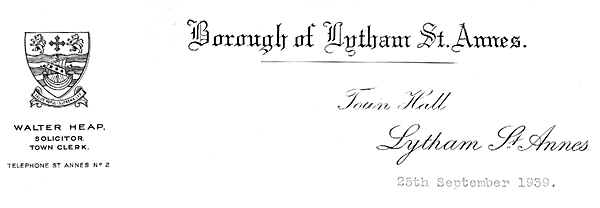 Letterhead of Lytham St Annes Borough Council, 1939. Letterhead of Lytham St Annes Borough Council, 1939.