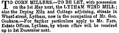 Advert for the lease of Lytham Windmill from 1881. Advert for the lease of Lytham Windmill from 1881.