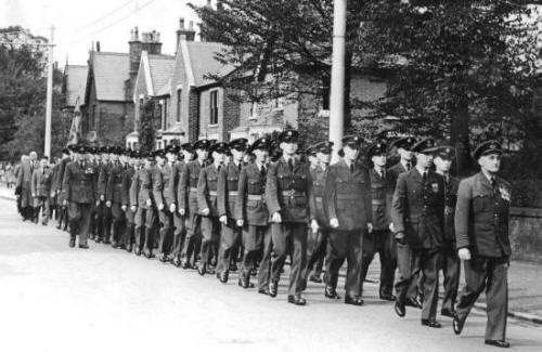 Representatives of the Air Force from R.A.F. Lytham and members of the R.A.F.A. in the Battle of Britain procession, September 1953.