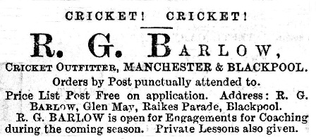 An advert for Richard Gorton Barlow as a 'Cricket Outfitter', Manchester and Blackpool, June, 1896. An advert for Richard Gorton Barlow as