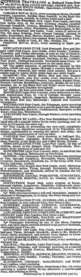Royal Mail Coach advert for the North of England including Lytham & Blackpool, 1822.