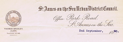 Letterhead of the St.Annes-on-the-Sea Urban District Council 1894-1922. Letterhead of the St.Annes-on-the-Sea Urban District Council 1894-1922.