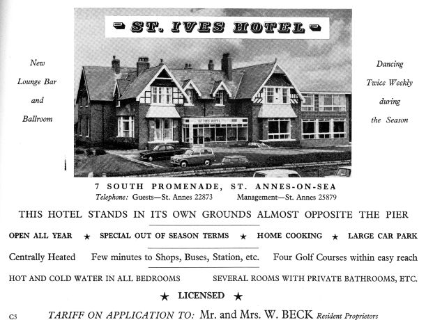 Advert for the The St.Ives Hotel, South Promenade, St.Annes-on-the-Sea, from 1967.