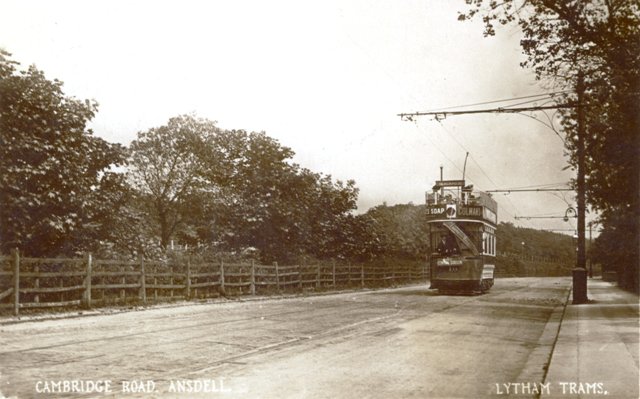 Photograph of an electric tram on Cambridge Road, Ansdell c1910.