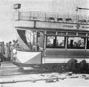 Lytham St.Annes Corporation Tramways electric car derailed on Blackpool Promenade, 1934.