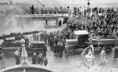 Lytham St.Annes Corporation Tramways electric car which caught fire on Blackpool Promenade, near the tower, 1934. The fire was caused by a short circuit and Blackpool Fire Brigade extinguished it within 10 minutes of arrival.