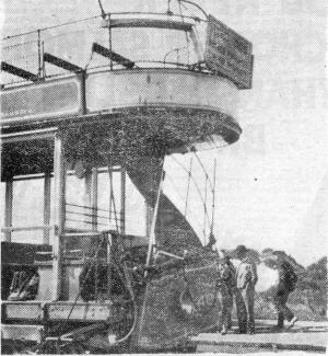 Lytham St.Annes Corporation Tramways electric car after it ran into the rear of another tram near the Thursby Home, St.Annes, in 1931.