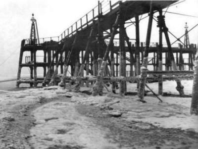 Blocks of frozen seawater on St.Annes Beach, February 1929.