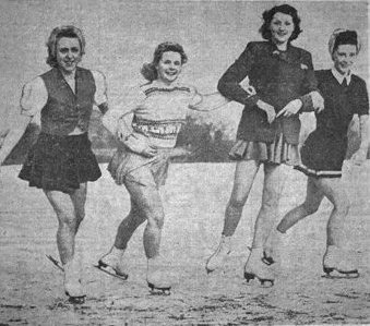 Skating on a pond in Marton, Blackpool, late-January, 1947. Left to right: Joan Lucas, Joyce Marsh, Margaret Hornby & Kathleen Price.